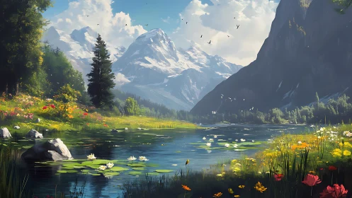 Alpine daydream lake cradled by wildflowers and snow peaks.