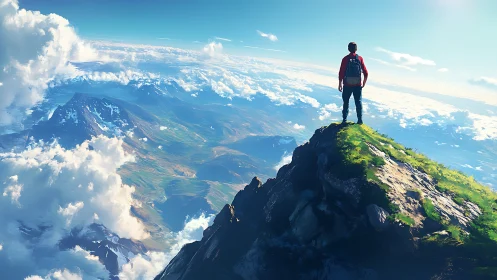 Hiker stands on narrow mountain summit above dense cloud layer