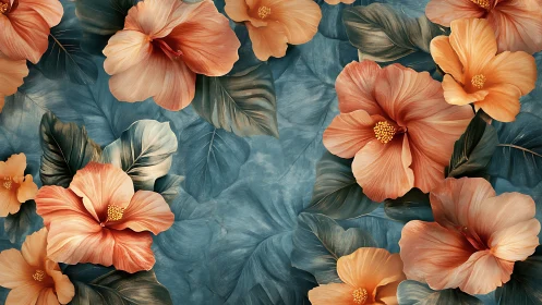 Hibiscus flowers displayed against teal background with foliage.