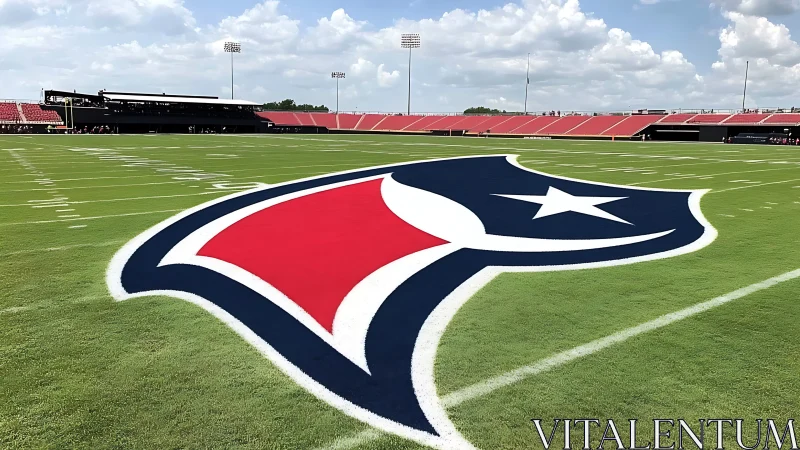 Bold pro football logo dominating empty green stadium field.
