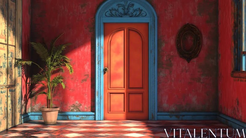 Coral door anchors sunlit distressed red courtyard wall.