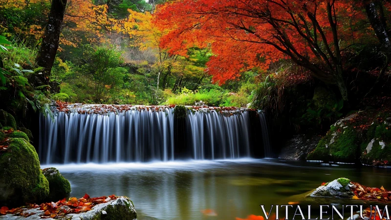 Long-exposure forest waterfall framed by saturated autumn foliage