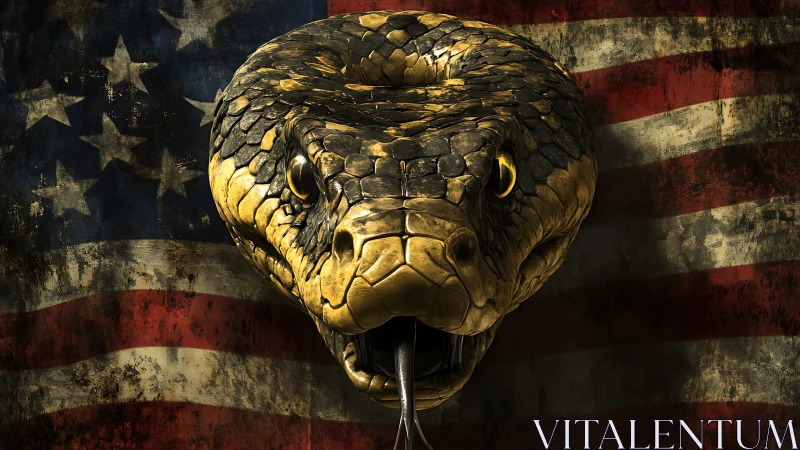 Hyperreal 3D serpent head emerges before distressed US flag field