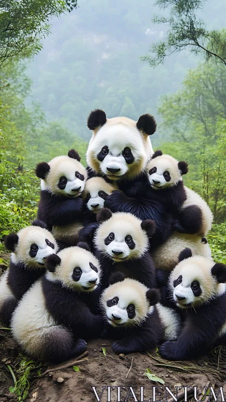 Group of giant panda cubs clustered in forest setting.