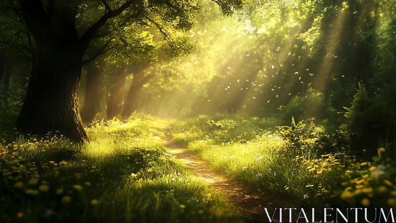Sunlit Forest Path with Lush Greenery in Dreamy Digital Art.