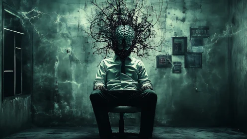 Surreal figure with exposed brain erupts in a decayed room