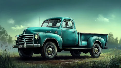 Digital painting of teal vintage pickup truck in rural field.