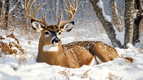 Photorealistic whitetail buck reclining in winter woodland snow.
