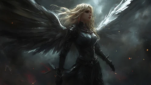 Dark winged battle angel strides through storm and fire.