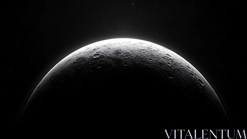 Lunar crescent surface with craters in deep space view.