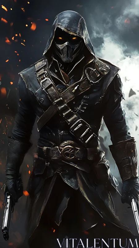 Hooded gunman in armored coat stands amid drifting embers