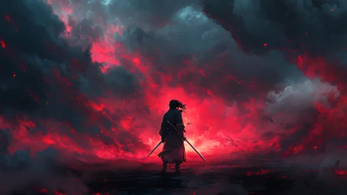 Lone katana duelist amid turbulent crimson stormfield sky.