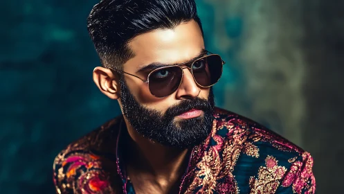 Bearded man in ornate embroidered jacket and sunglasses.