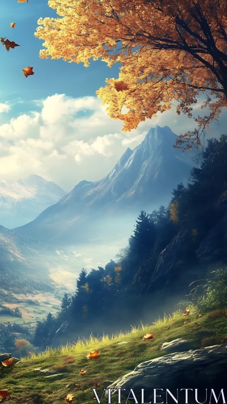 Autumn mountain valley scene shows golden tree and distant peaks