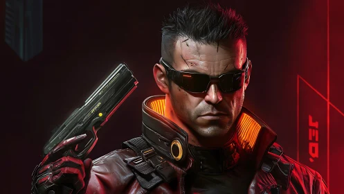 Cybernetic enforcer stands ready in neon red shadows