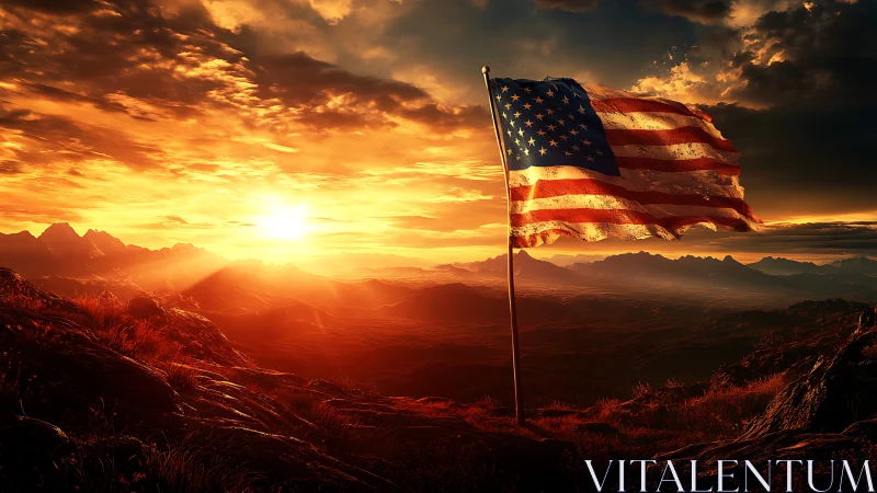 Sunrise anthem over ember mountains and a weathered flag.
