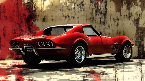 Crimson classic sports car against grungy abstract wall.