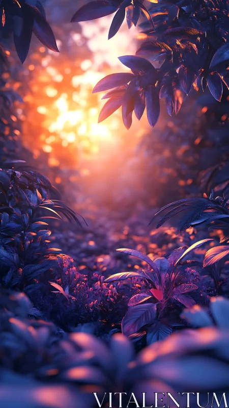 Bioluminescent forest under warm volumetric sunset backlight