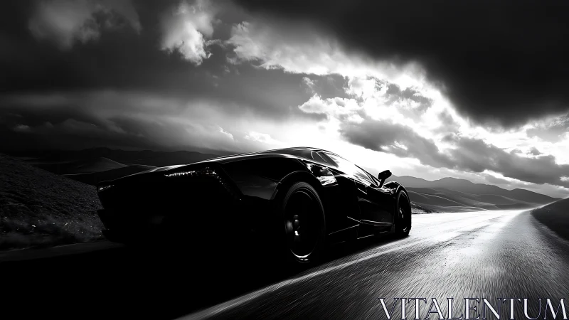 Midnight supercar streaks through stormlit mountain highway.