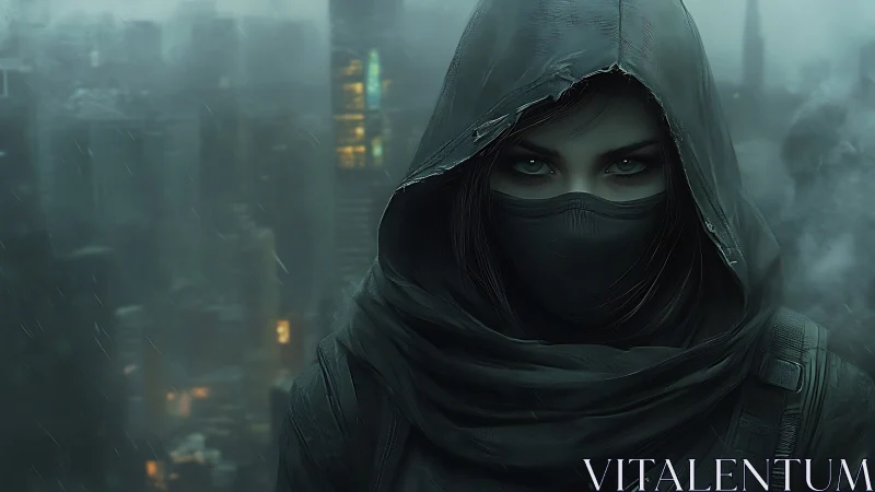 Cyberpunk hooded operative in rain-soaked dystopian megacity.