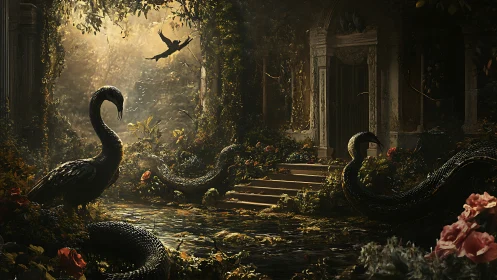 Serpents coil through an overgrown courtyard of fading light