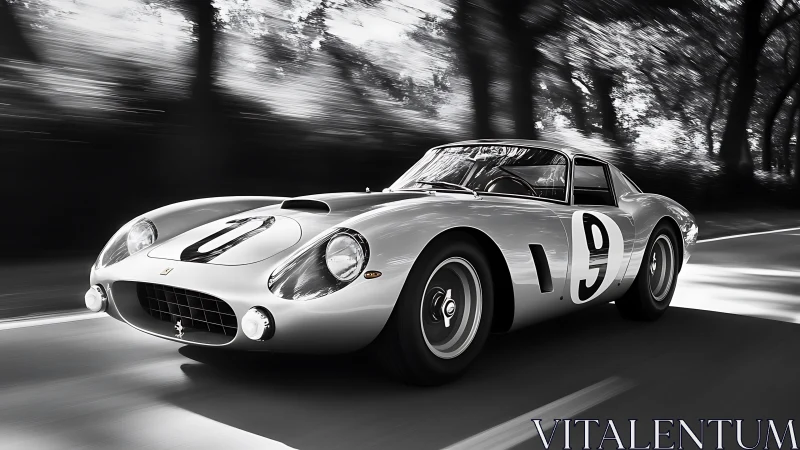 Monochrome racing shot captures classic GT car with motion blur