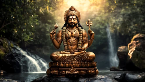 Golden Hindu deity statue rests before misty forest waterfall