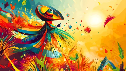 Color-swept figure dances joyfully beneath a glowing sun