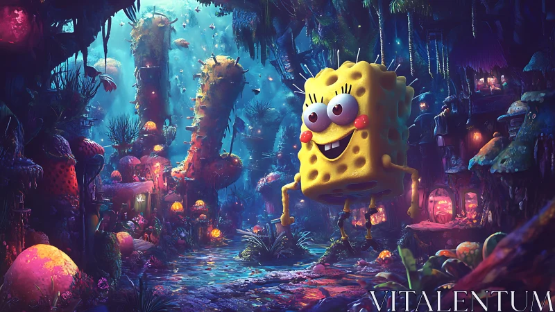 Yellow sponge character traverses dense bioluminescent forest