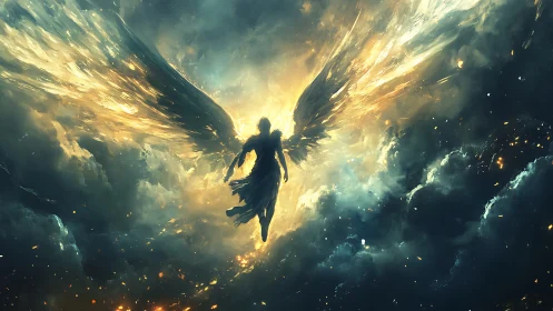 Winged figure is rendered amid luminous atmospheric clouds