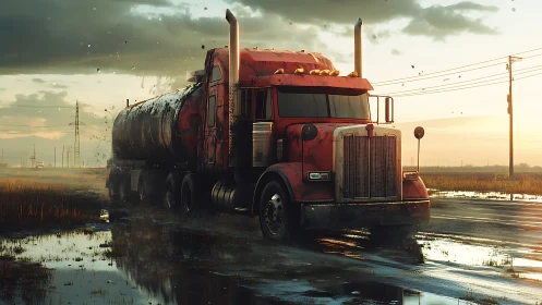 Weathered red tanker truck on stormy reflective highway.