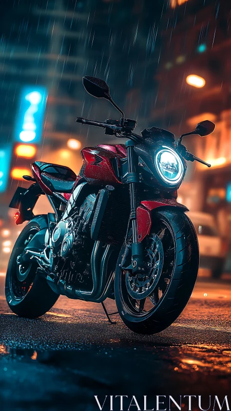 Red sport motorcycle stands on wet city street at night