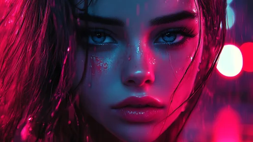 Neon drenched portrait with hyperreal wet-skin rendering.