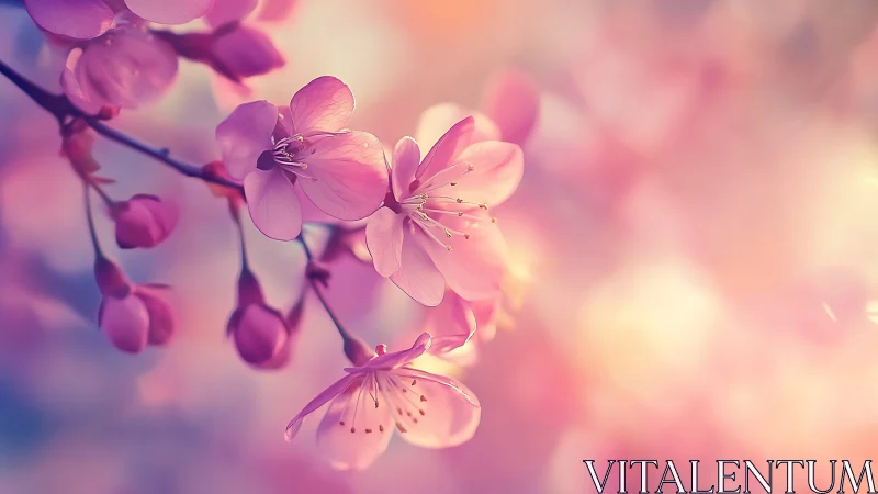 Pink flowering branch against diffused light background.