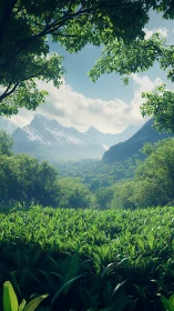 High-resolution verdant valley landscape with distant alpine ridge