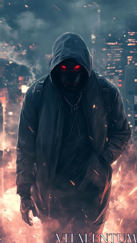 Hooded masked figure in glowing city smoke at night.