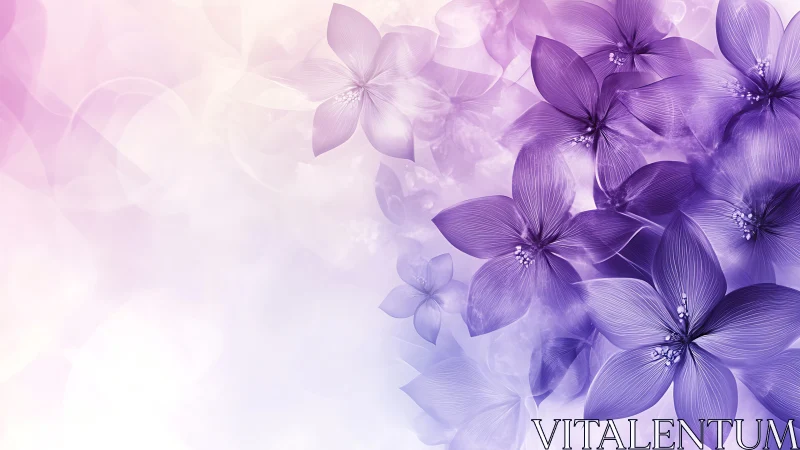 Purple five-petal flowers with gradient transparency on soft white background