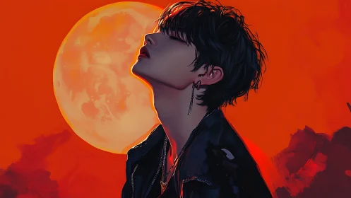 Crimson moonlit portrait of silhouetted youth in leather jacket.
