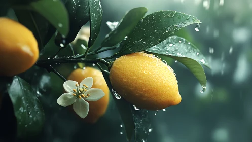 Lemon fruit and blossom are shown on wet branch in rain