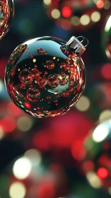 Highly reflective glass bauble captures luminous bokeh field