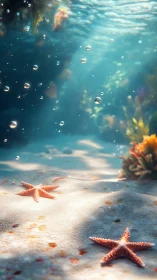 Underwater sand floor with orange starfish and bubbles.