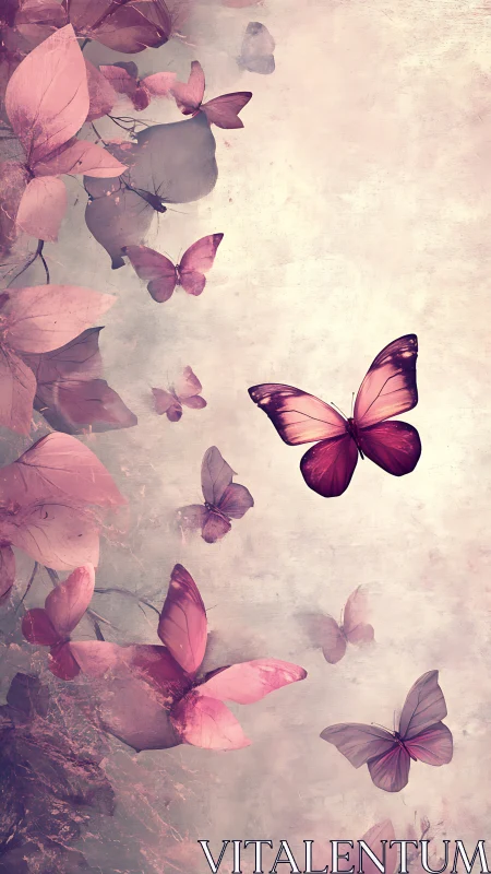 Soft pink butterflies drift gently through a dreamy garden sky
