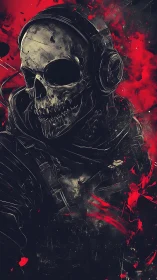 Skull-headed cyber soldier emerges in red chaos storm.