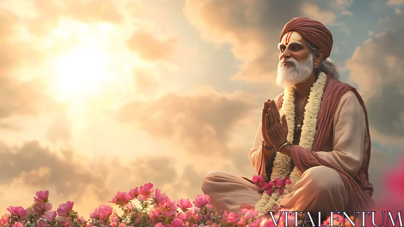 Elderly guru meditates in glowing sunrise above pink flowers