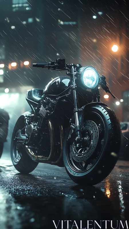 Custom cafe racer motorcycle stands in wet city street rain