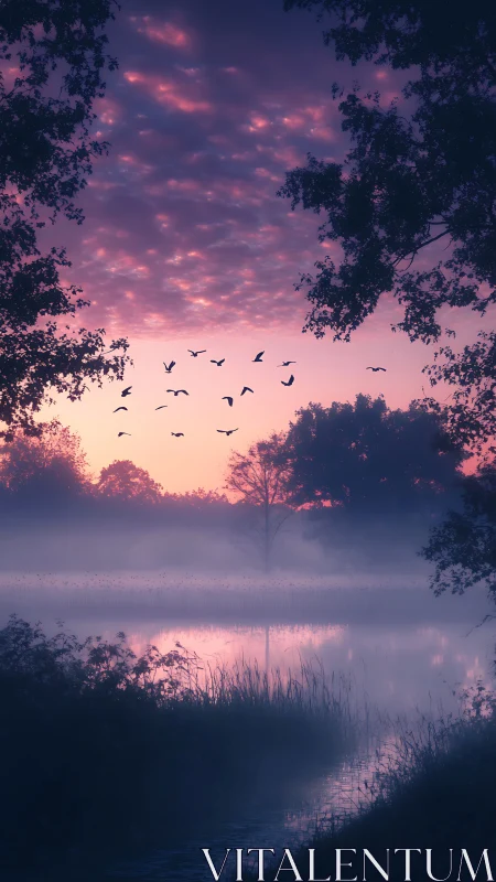 Mist-draped lakeside at dawn with silhouetted birds in flight