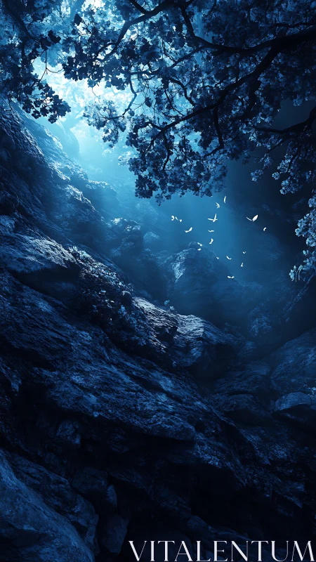 Blue forest canyon with rocky walls and glowing light shaft.