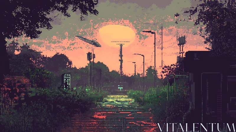Pixel art sunset street with neon-lit road and tall pole.