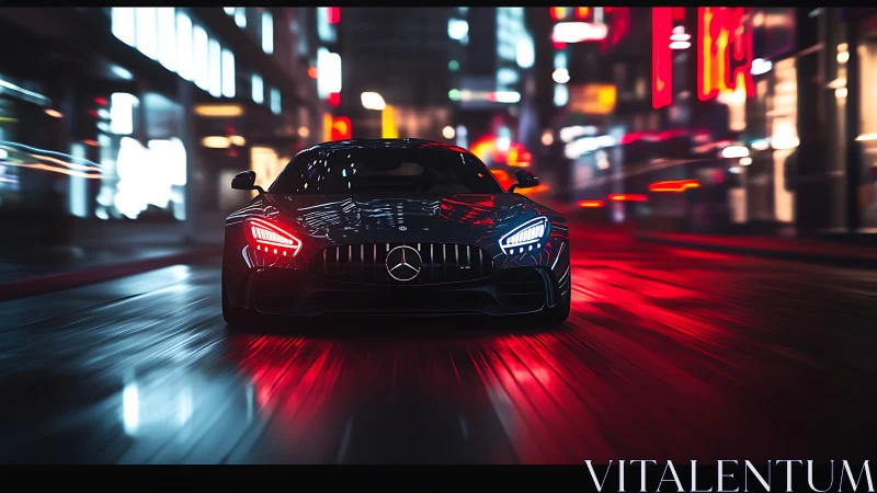Black sports car races through neon city street at night