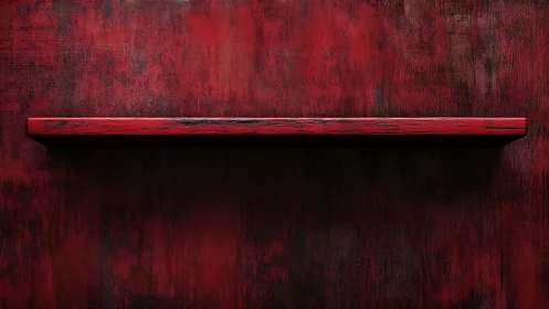 Red wooden shelf on textured red wall background.
